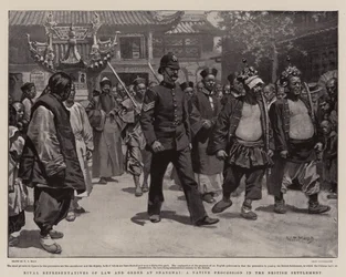 Rival Representatives of Law and Order at Shanghai, A Native Procession in the British Settlement